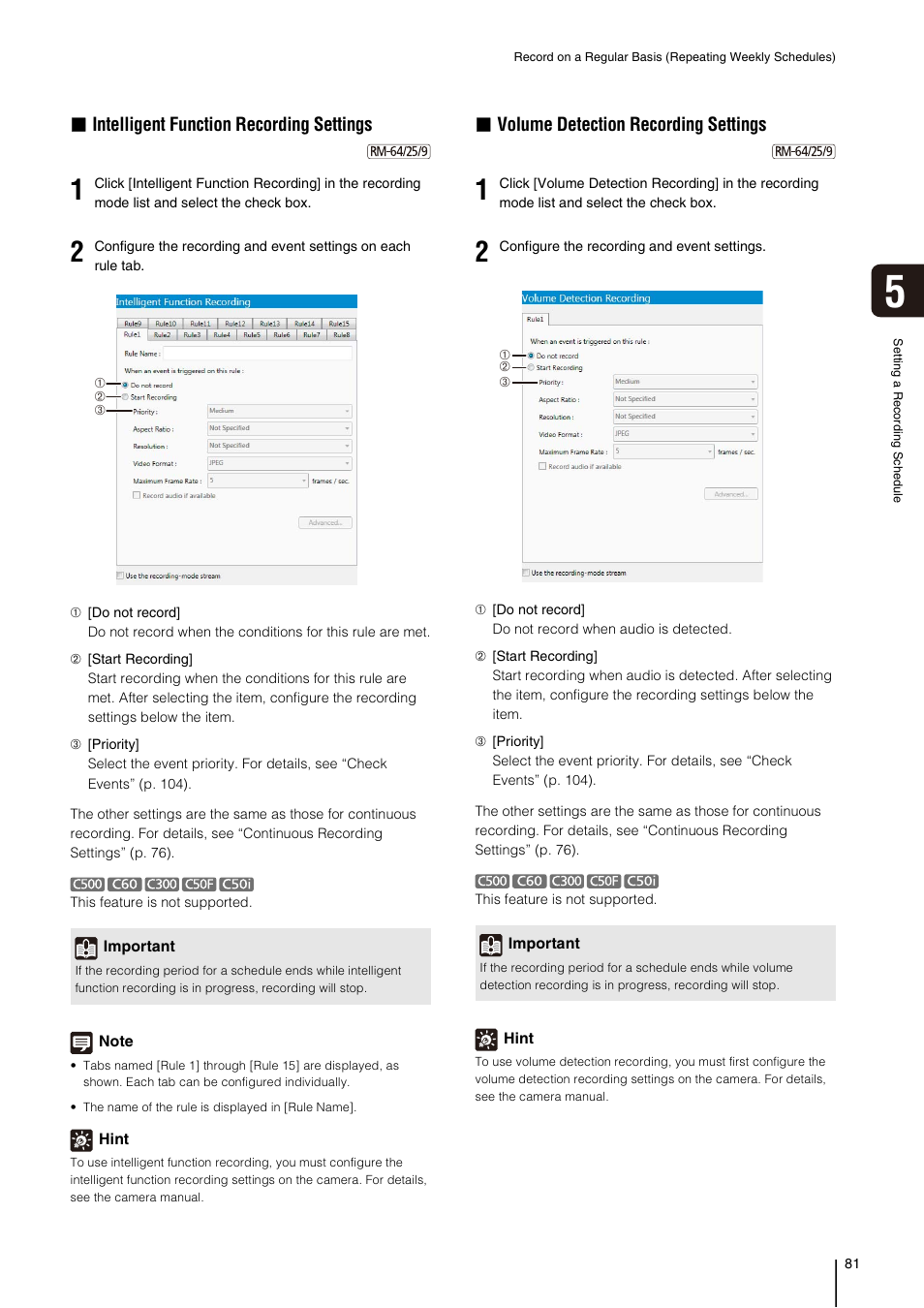 P. 81), Intelligent function recording settings” (p. 81), Ee “volume detection recording | Settings” (p. 81, Intelligent function recording settings, Volume detection recording settings | Canon RM-Software User Manual | Page 81 / 138