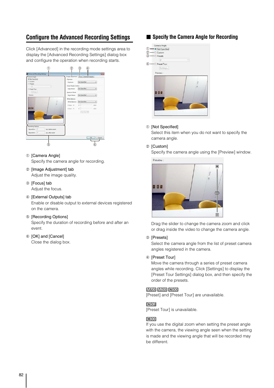 Configure the advanced recording settings, P. 82), E “configure the advanced recording settings | Ee “configure the advanced, Recording settings, Specify the camera angle for recording | Canon RM-Software User Manual | Page 82 / 138