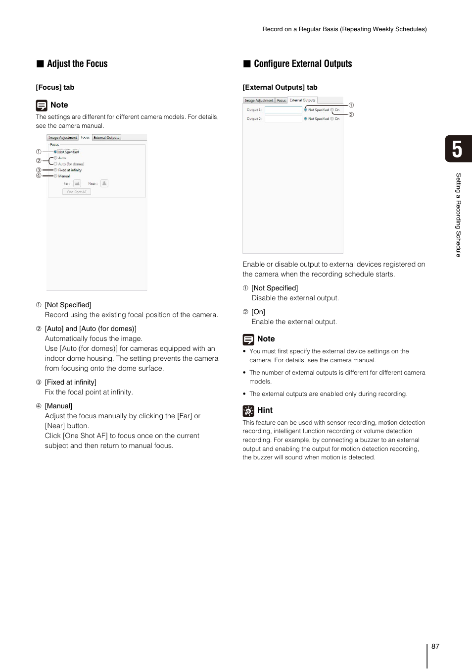 Focus (p. 87), P. 87), Adjust the focus | Configure external outputs | Canon RM-Software User Manual | Page 87 / 138