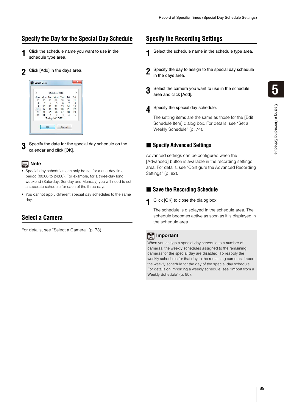 Specify the day for the special day schedule, Select a camera, Specify the recording settings | Y (p. 89), Era (p. 89) | Canon RM-Software User Manual | Page 89 / 138