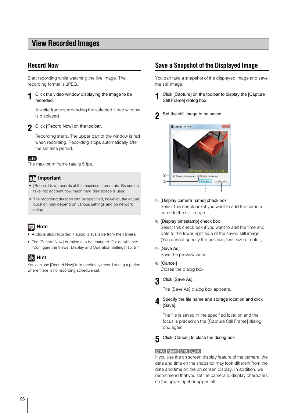 View recorded images, Record now, Save a snapshot of the displayed image | W (p. 96), E (p. 96) | Canon RM-Software User Manual | Page 96 / 138