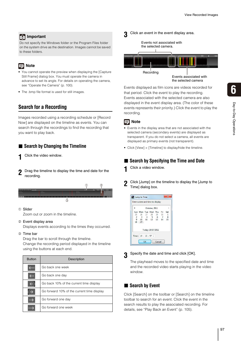 Search for a recording, P. 97), Search by changing the timeline | Search by specifying the time and date, Search by event | Canon RM-Software User Manual | Page 97 / 138