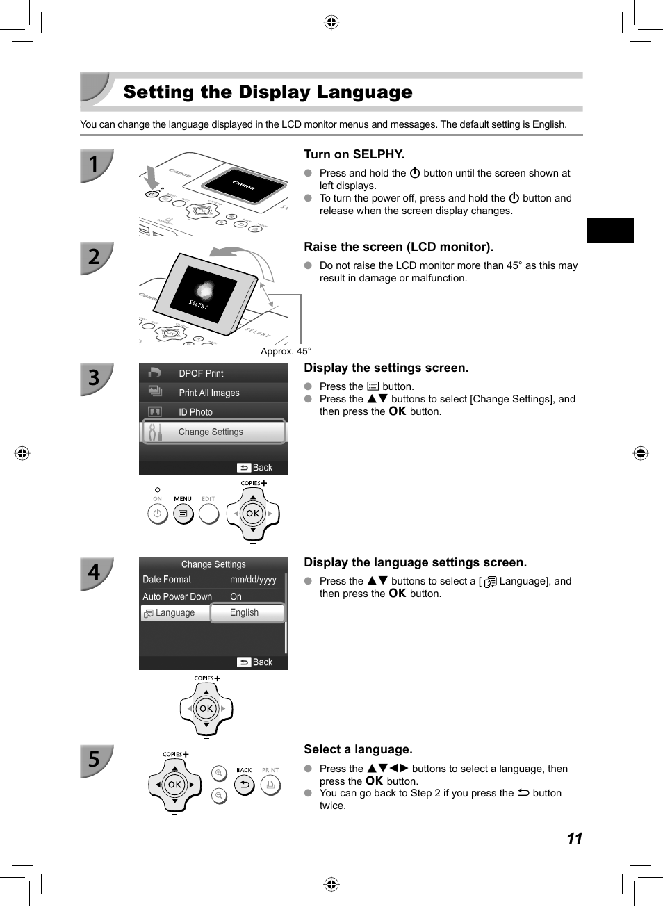 Setting the display language | Canon SELPHY CP810 User Manual | Page 11 / 360