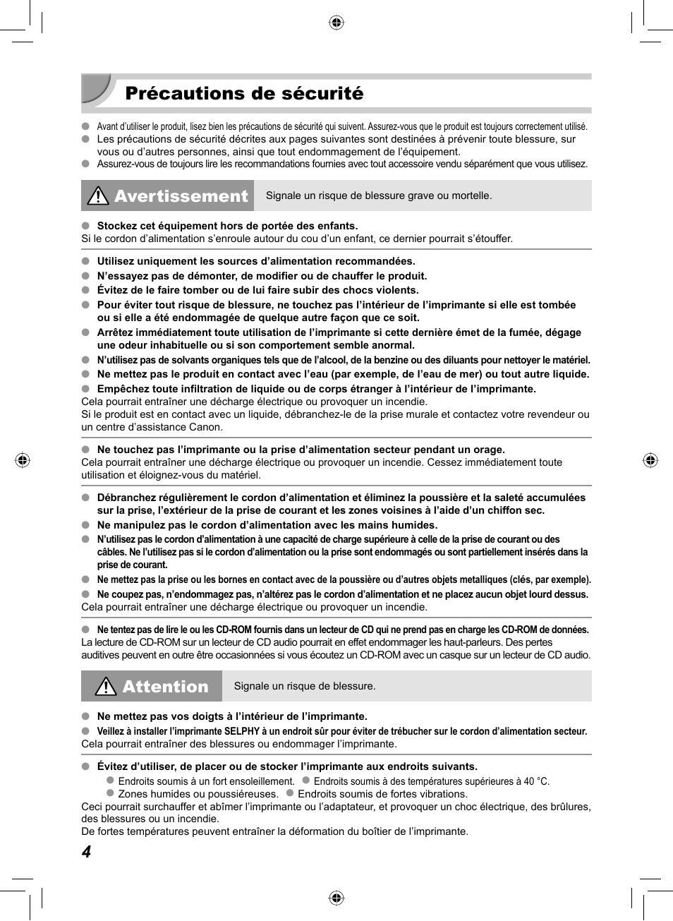 Précautions de sécurité, Avertissement, Attention | Canon SELPHY CP810 User Manual | Page 164 / 360