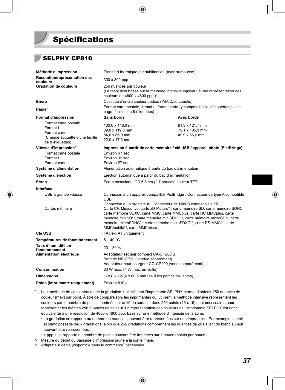 Spécifications, Selphy cp810 | Canon SELPHY CP810 User Manual | Page 197 / 360