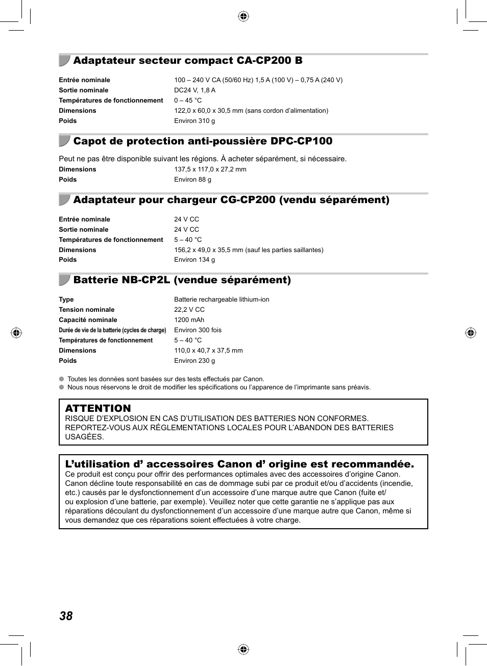 Adaptateur secteur compact ca-cp200 b, Capot de protection anti-poussière dpc-cp100, Batterie nb-cp2l (vendue séparément) | Attention | Canon SELPHY CP810 User Manual | Page 198 / 360