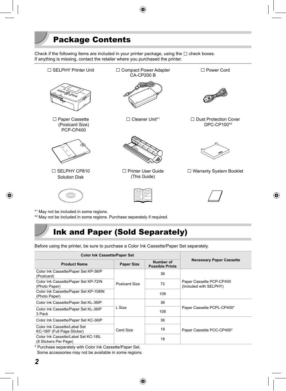 Package contents, Ink and paper (sold separately) | Canon SELPHY CP810 User Manual | Page 2 / 360
