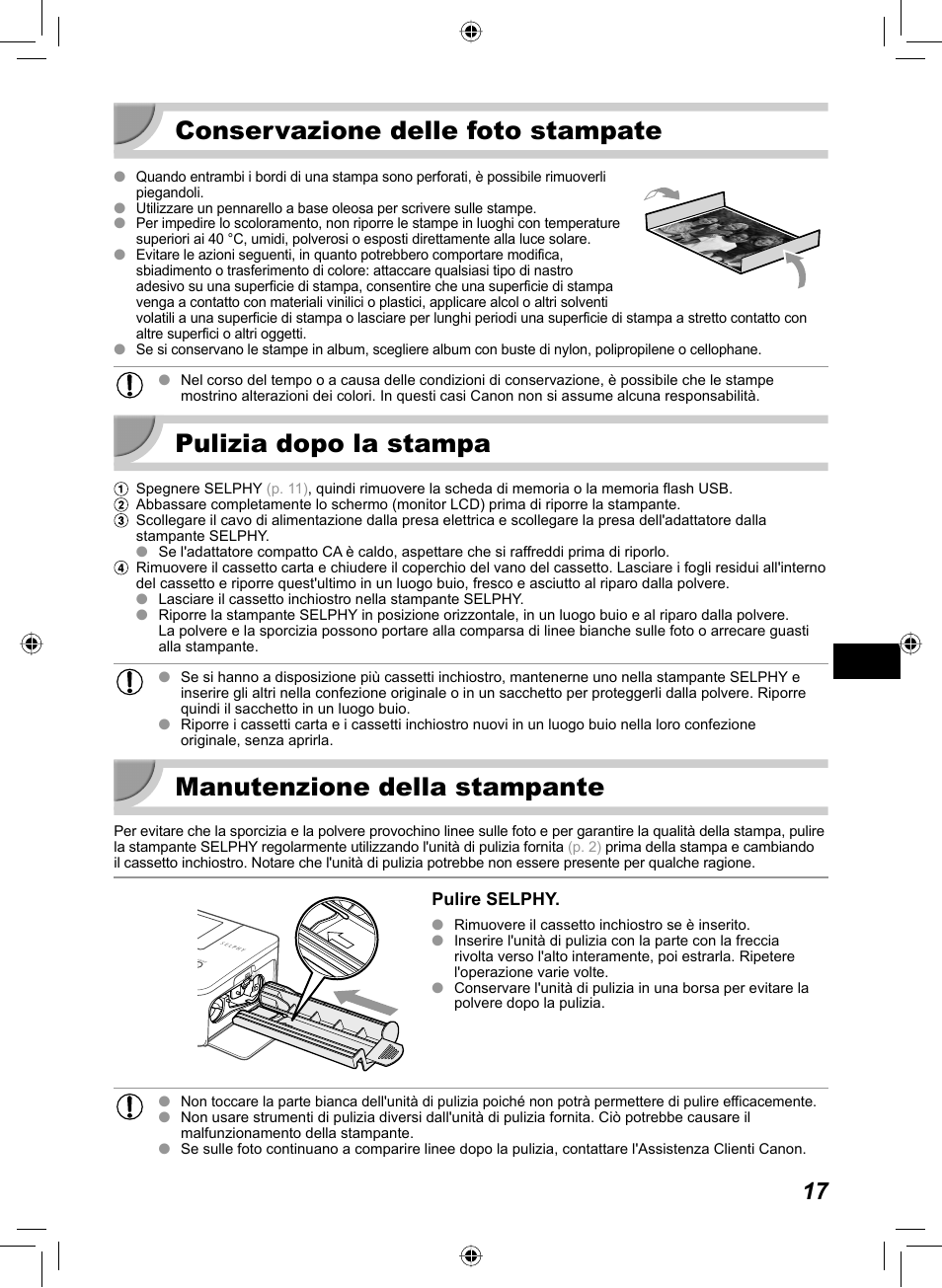 Conservazione delle foto stampate, Pulizia dopo la stampa, Manutenzione della stampante | Canon SELPHY CP810 User Manual | Page 217 / 360