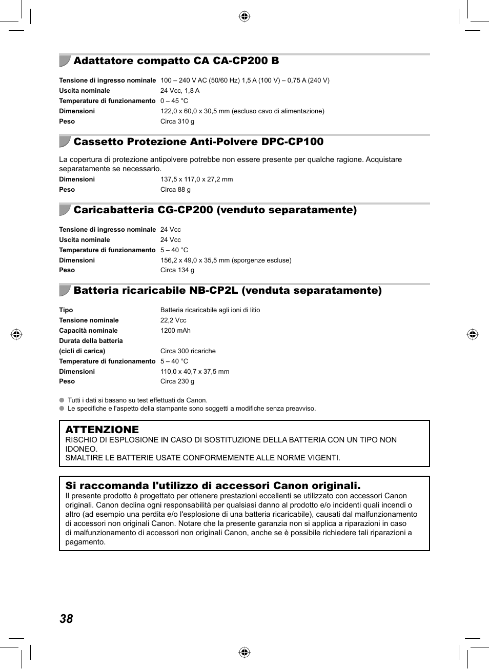 Adattatore compatto ca ca-cp200 b, Cassetto protezione anti-polvere dpc-cp100, Caricabatteria cg-cp200 (venduto separatamente) | Attenzione | Canon SELPHY CP810 User Manual | Page 238 / 360