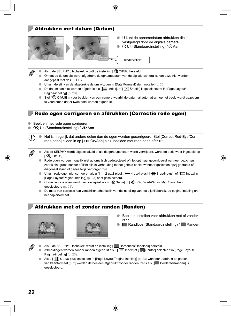 Afdrukken met datum (datum), Afdrukken met of zonder randen (randen) | Canon SELPHY CP810 User Manual | Page 262 / 360