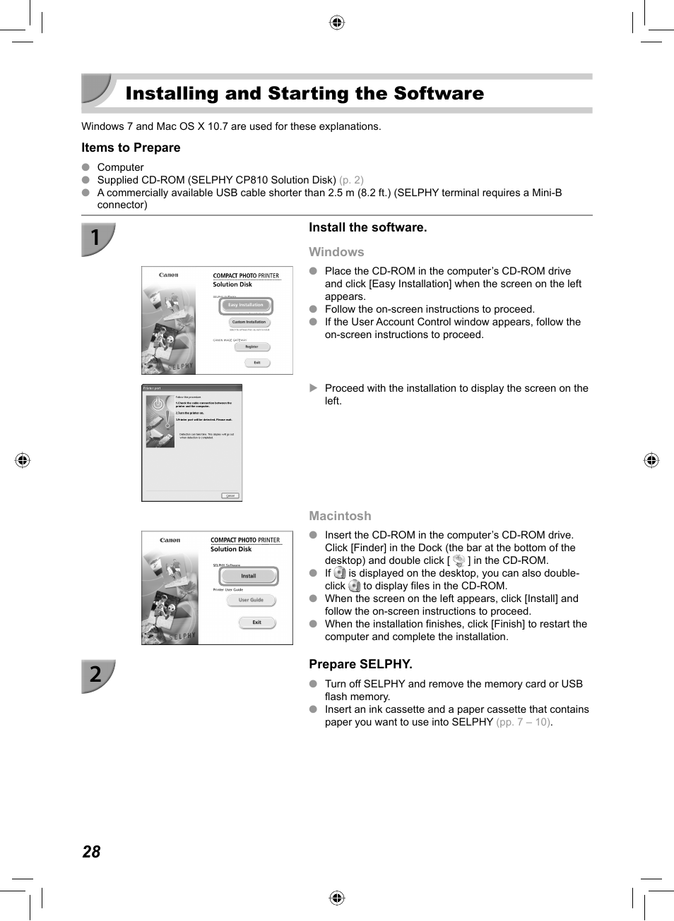 Installing and starting the software | Canon SELPHY CP810 User Manual | Page 28 / 360