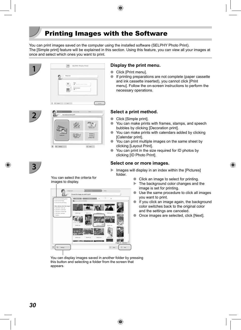 Printing images with the software | Canon SELPHY CP810 User Manual | Page 30 / 360