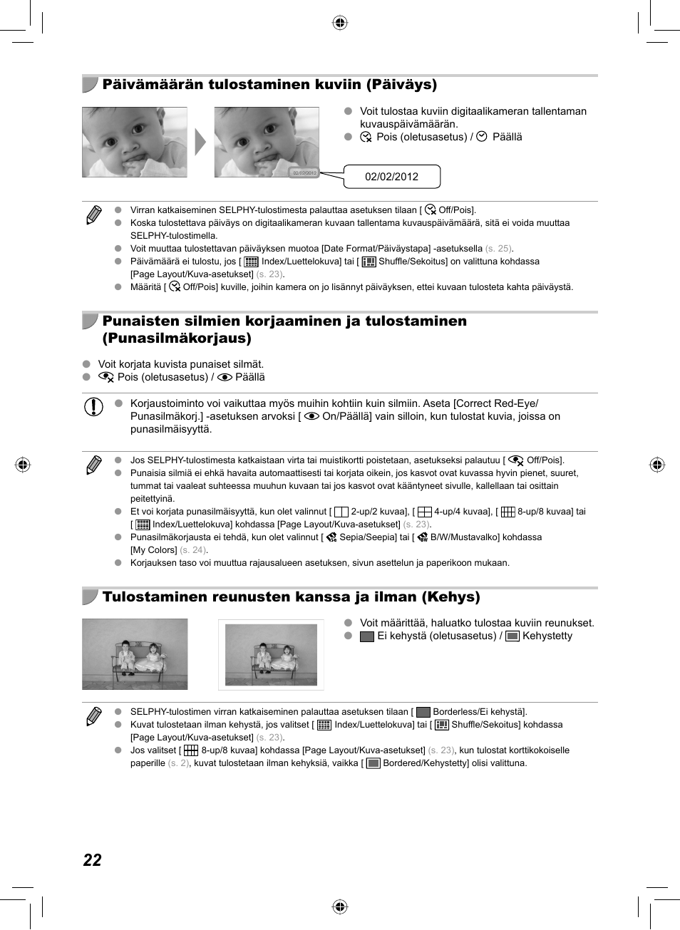 Päivämäärän tulostaminen kuviin (päiväys), Tulostaminen reunusten kanssa ja ilman (kehys) | Canon SELPHY CP810 User Manual | Page 302 / 360