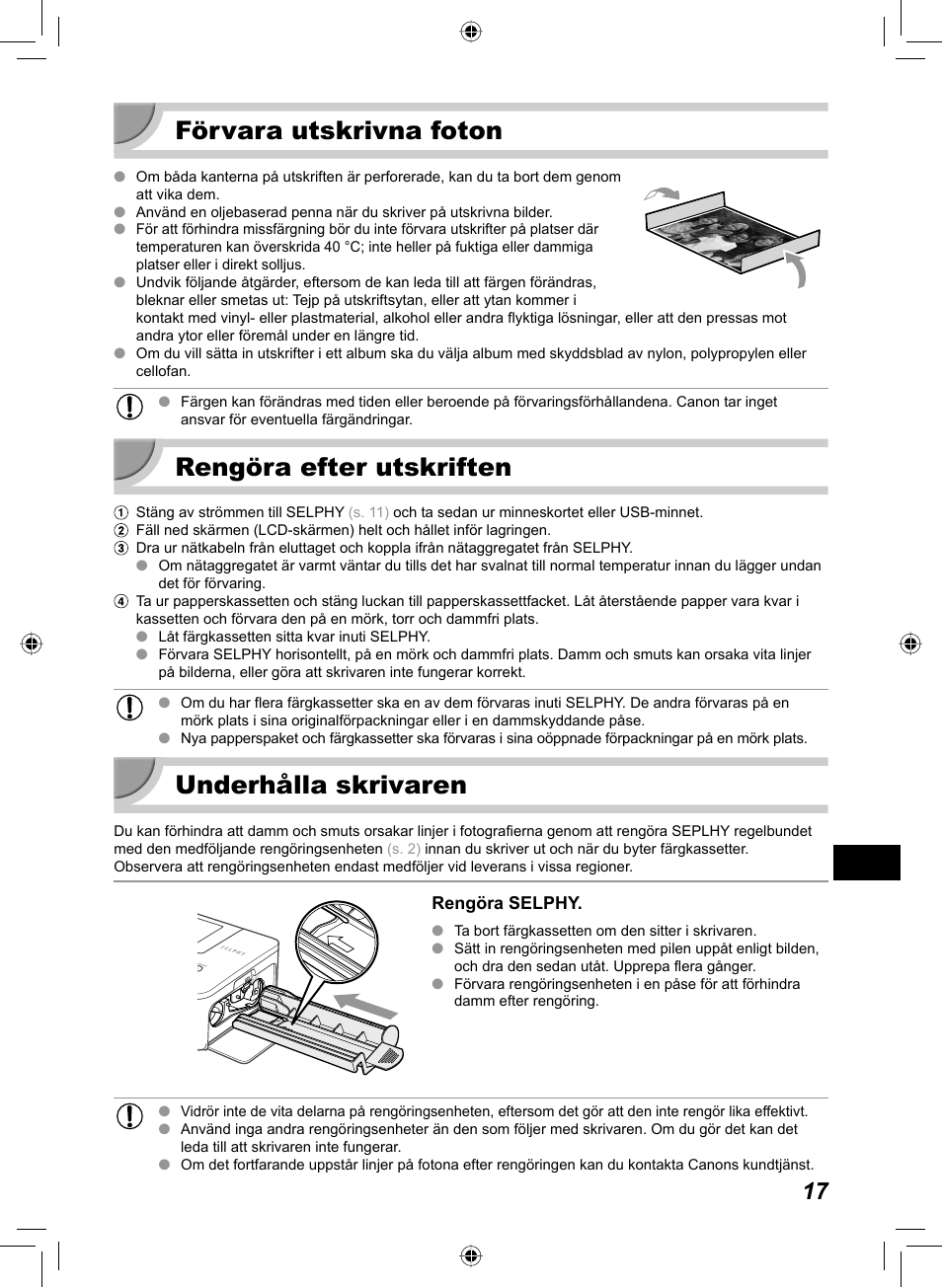 Förvara utskrivna foton, Rengöra efter utskriften, Underhålla skrivaren | Canon SELPHY CP810 User Manual | Page 337 / 360