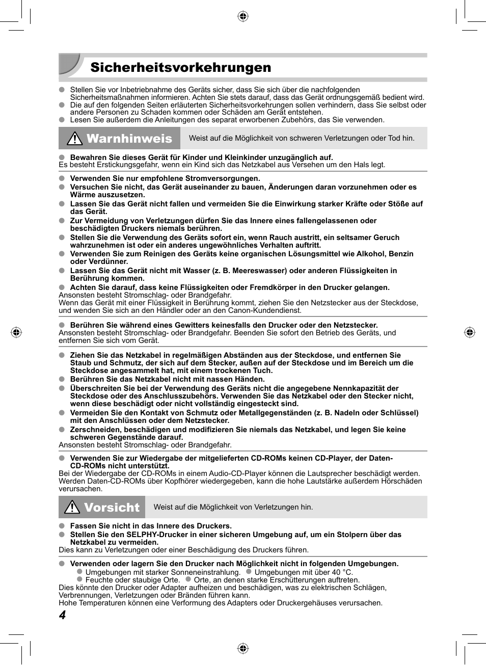 Sicherheitsvorkehrungen, Warnhinweis, Vorsicht | Canon SELPHY CP810 User Manual | Page 84 / 360