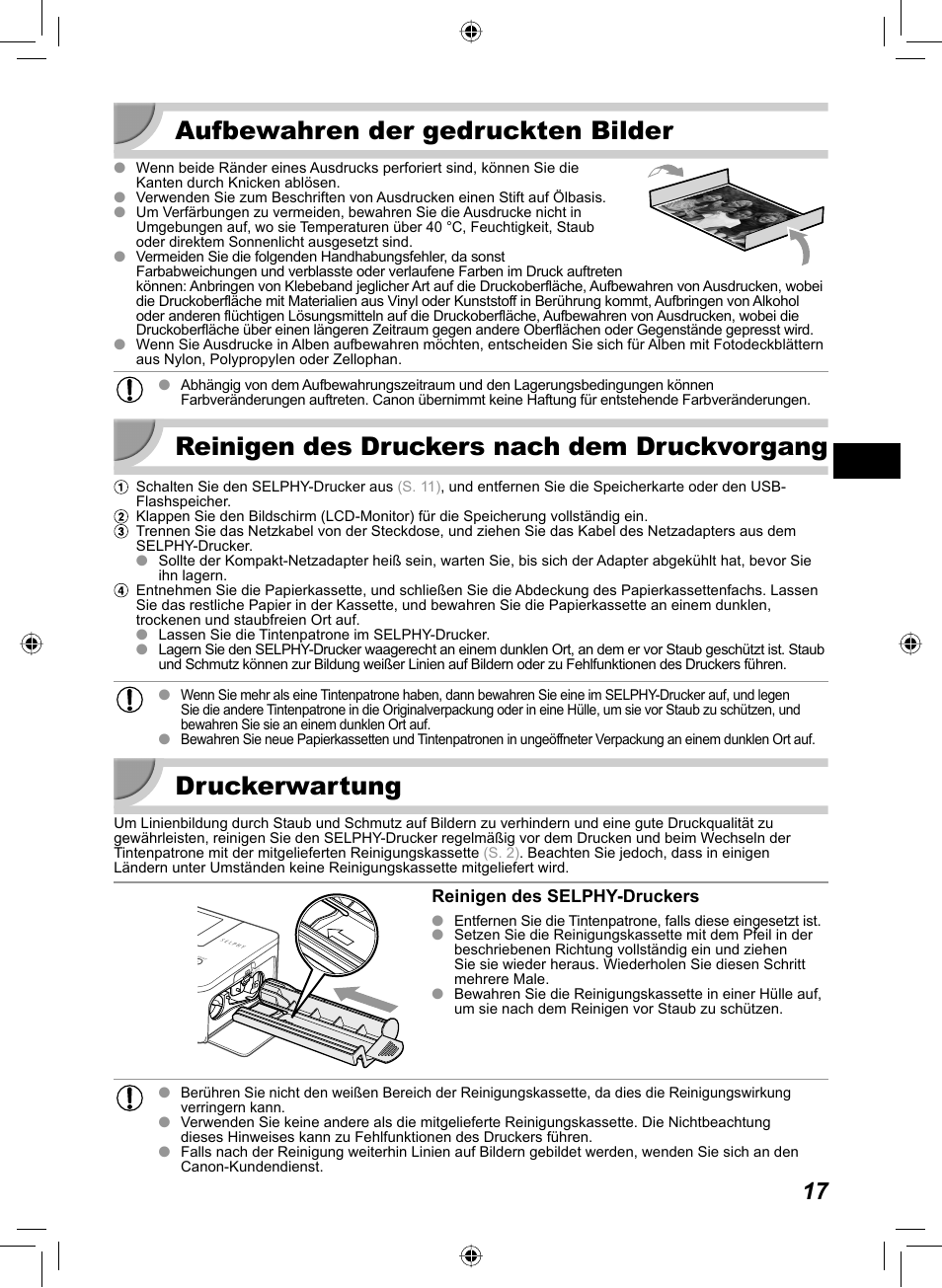 Aufbewahren der gedruckten bilder, Reinigen des druckers nach dem druckvorgang, Druckerwartung | Canon SELPHY CP810 User Manual | Page 97 / 360