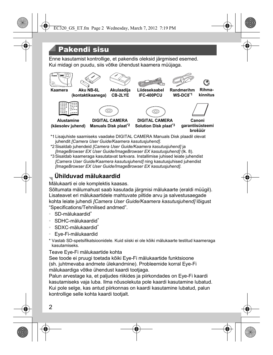 Pakendi sisu, Ühilduvad mälukaardid | Canon PowerShot D20 User Manual | Page 114 / 148