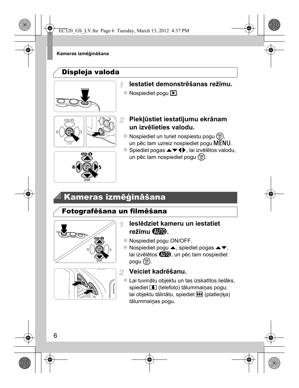 Kameras izmēģināšana, Displeja valoda, Fotografēšana un filmēšana | Canon PowerShot D20 User Manual | Page 126 / 148