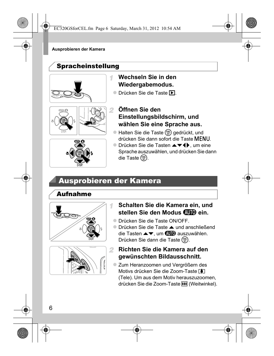 Ausprobieren der kamera, Spracheinstellung, Aufnahme | Canon PowerShot D20 User Manual | Page 14 / 148
