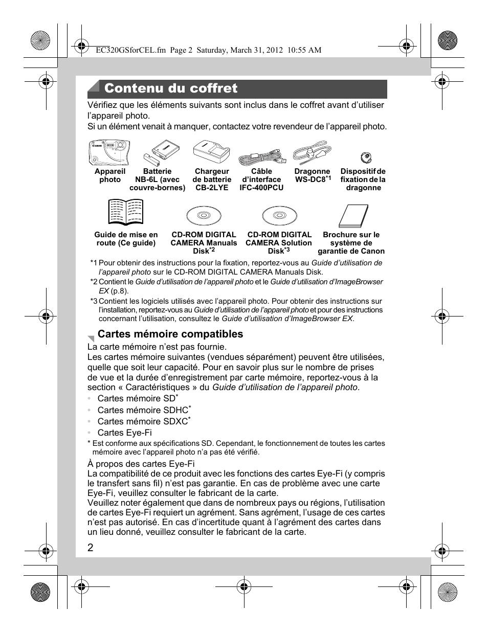 Contenu du coffret, Cartes mémoire compatibles | Canon PowerShot D20 User Manual | Page 18 / 148
