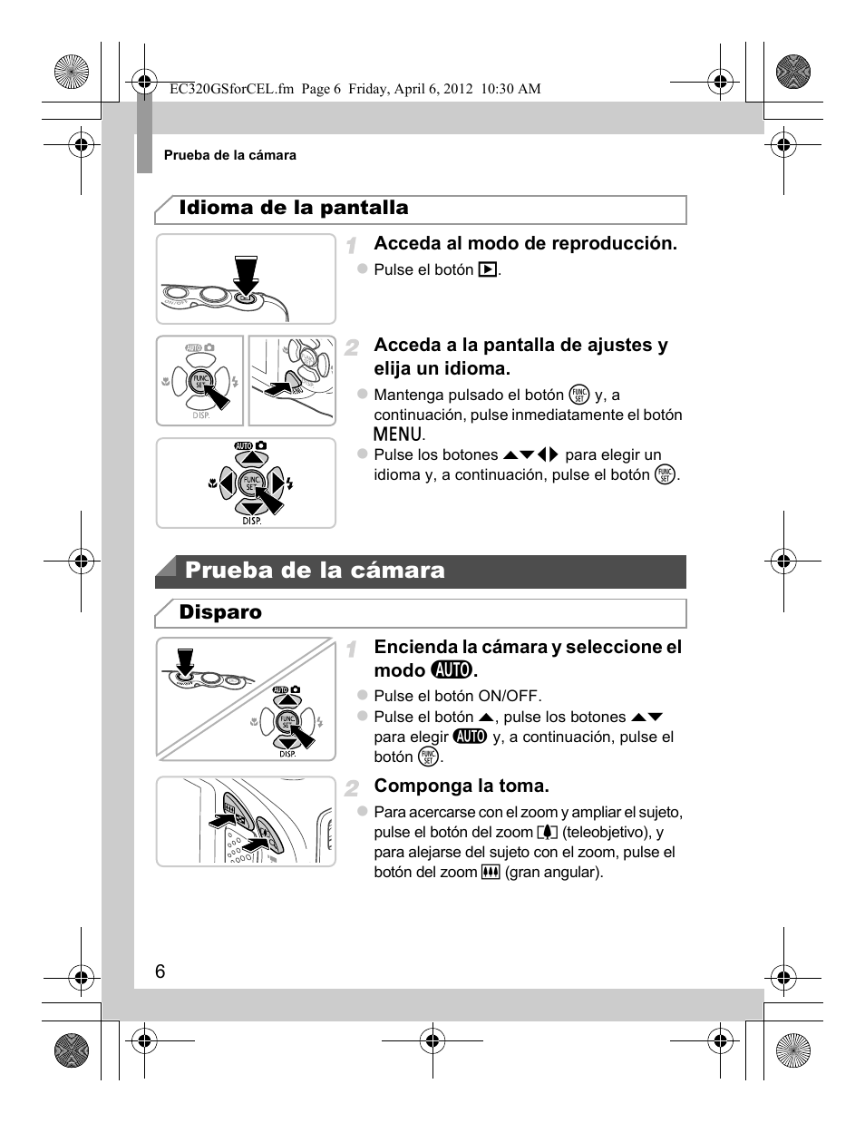 Prueba de la cámara, Idioma de la pantalla, Disparo | Canon PowerShot D20 User Manual | Page 30 / 148