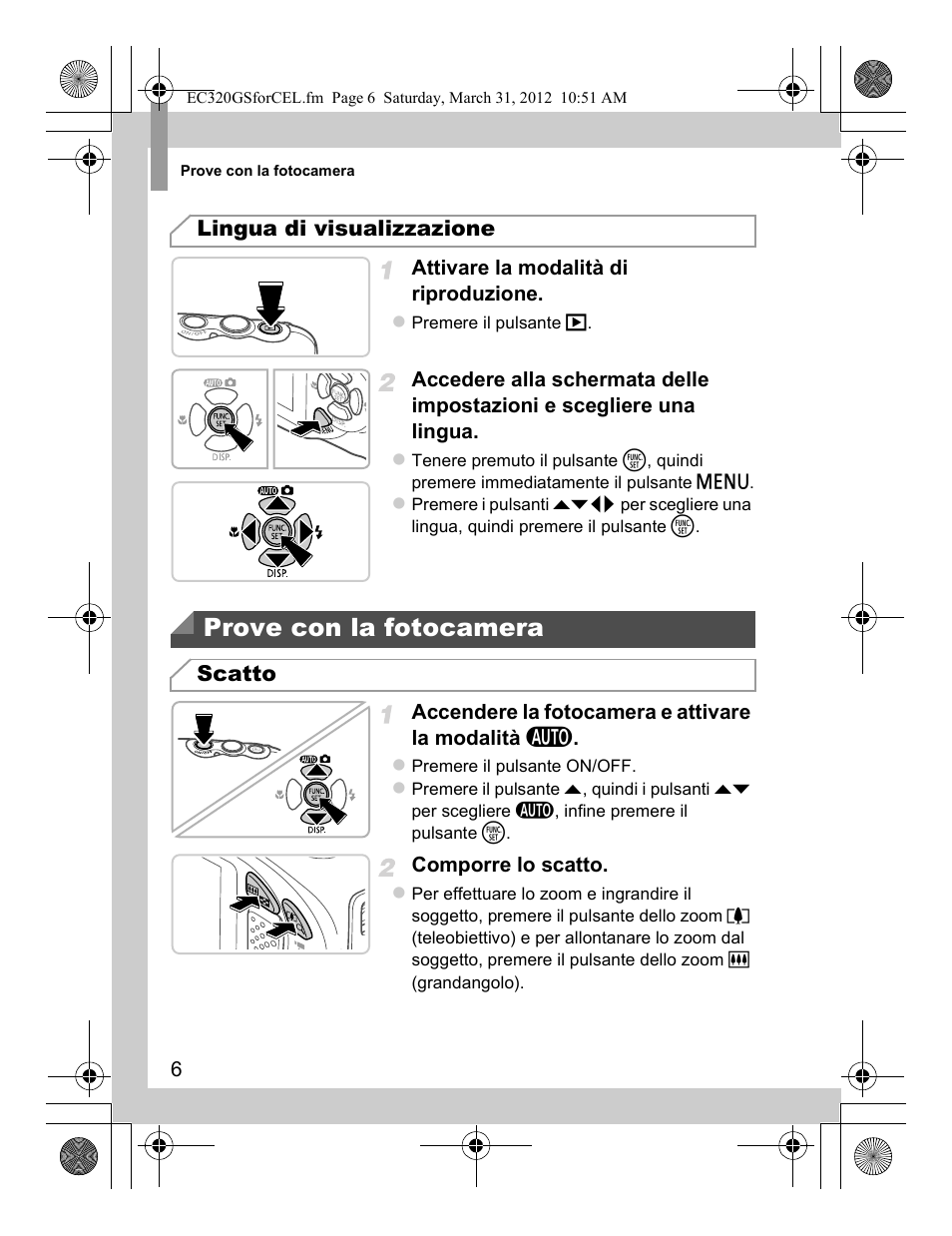 Prove con la fotocamera, Lingua di visualizzazione, Scatto | Canon PowerShot D20 User Manual | Page 38 / 148