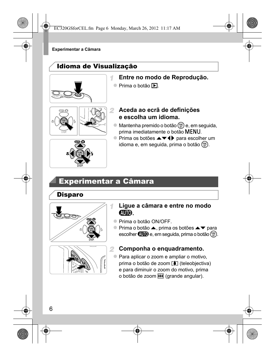 Experimentar a câmara, Idioma de visualização, Disparo | Canon PowerShot D20 User Manual | Page 54 / 148