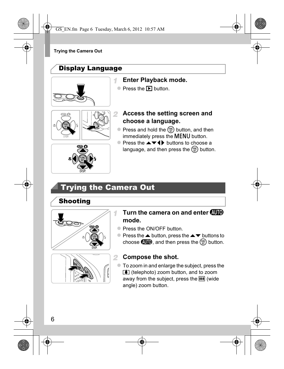 Trying the camera out, Display language, Shooting | Canon PowerShot D20 User Manual | Page 6 / 148