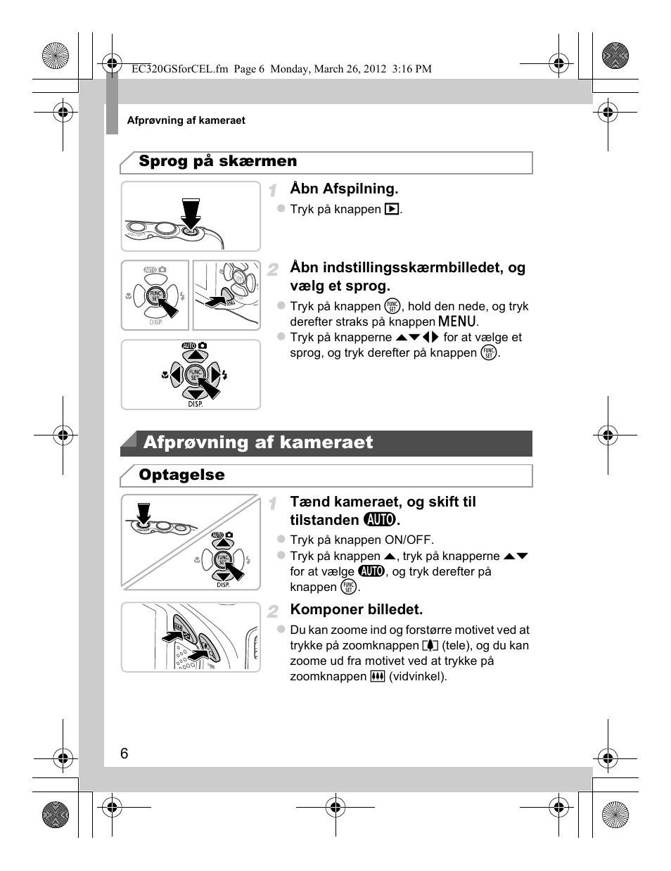 Afprøvning af kameraet, Sprog på skærmen, Optagelse | Canon PowerShot D20 User Manual | Page 62 / 148