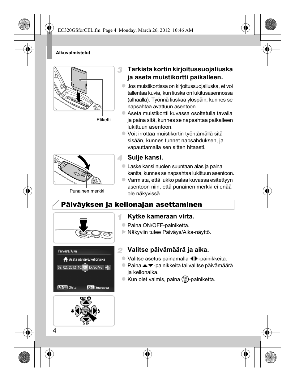 Päiväyksen ja kellonajan asettaminen | Canon PowerShot D20 User Manual | Page 76 / 148