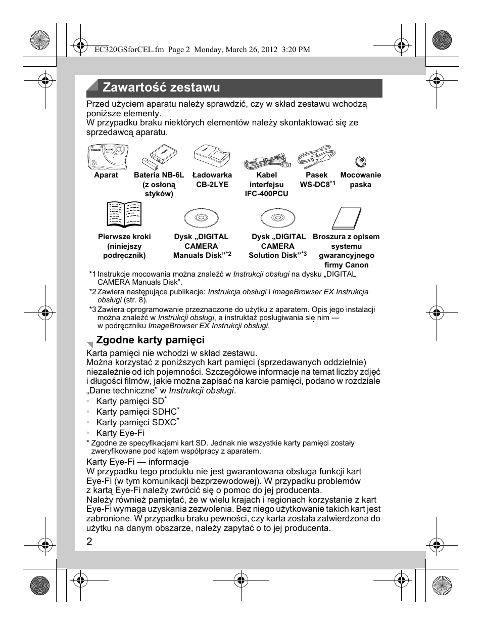 Zawartość zestawu, Zgodne karty pamięci | Canon PowerShot D20 User Manual | Page 98 / 148