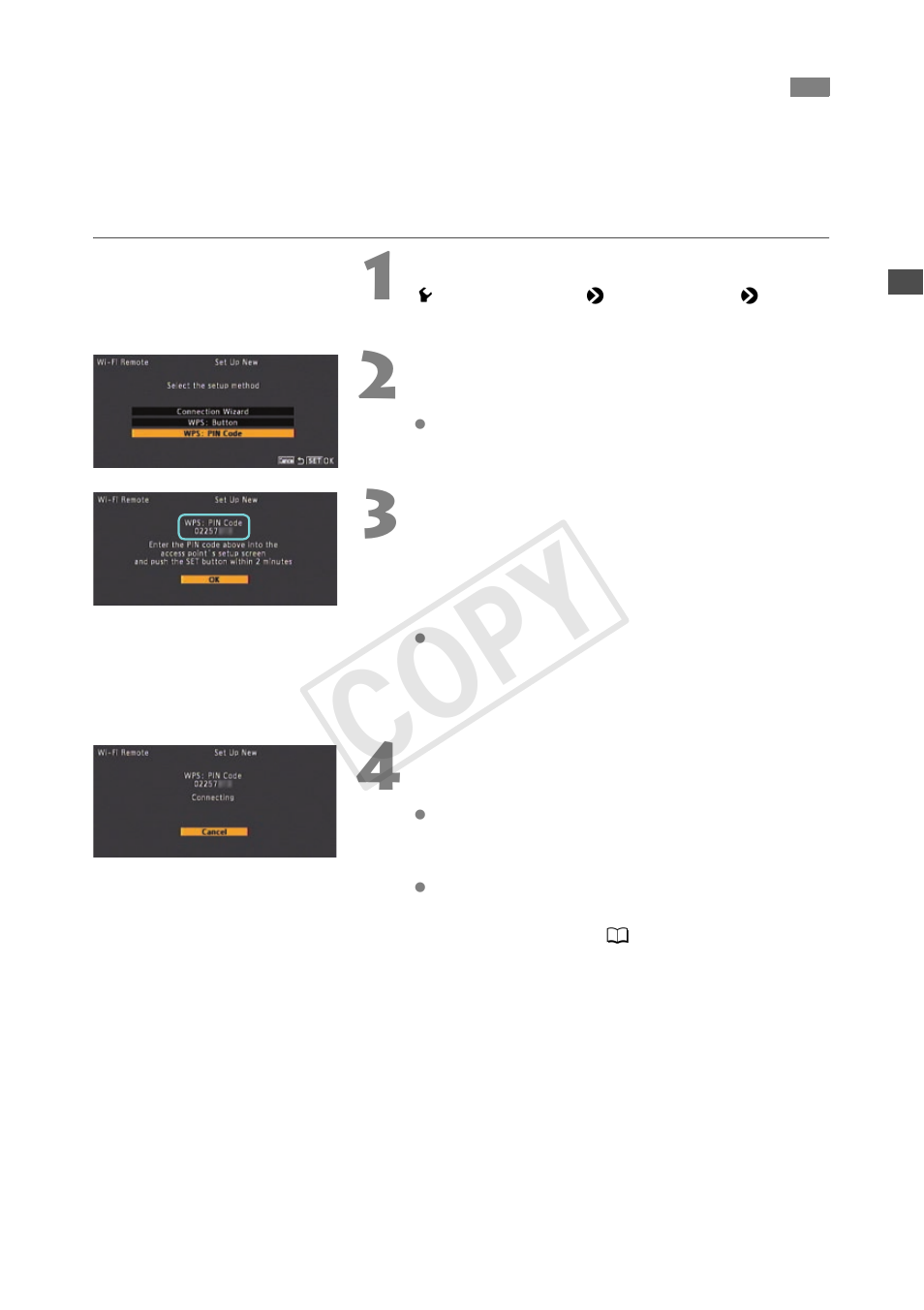 Wi-fi protected setup (wps) - pin code, Cop y | Canon EOS C300 User Manual | Page 11 / 44