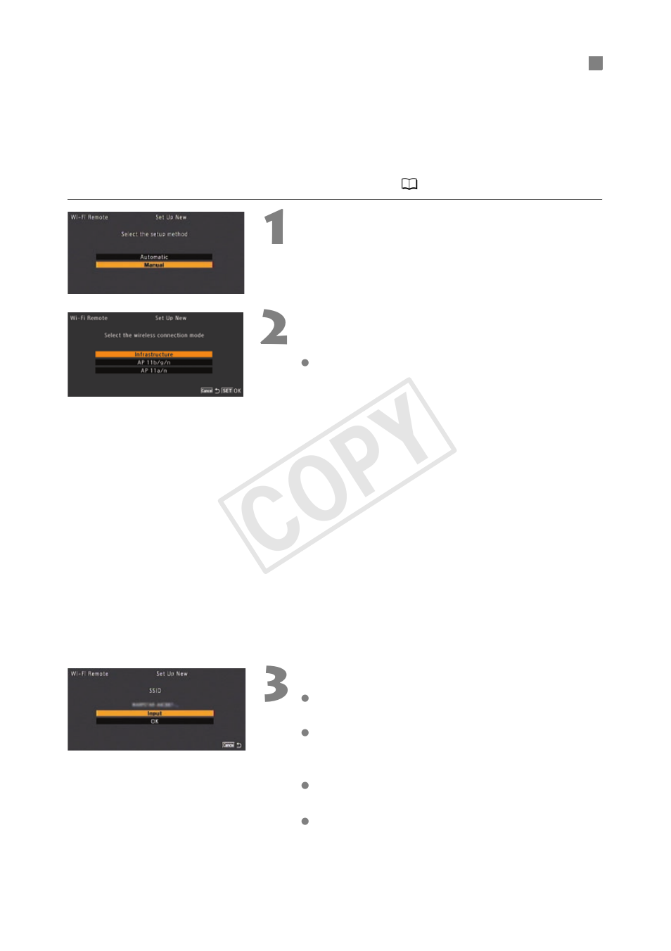 Manual setup/ap mode/ad hoc connection, Cop y | Canon EOS C300 User Manual | Page 14 / 44