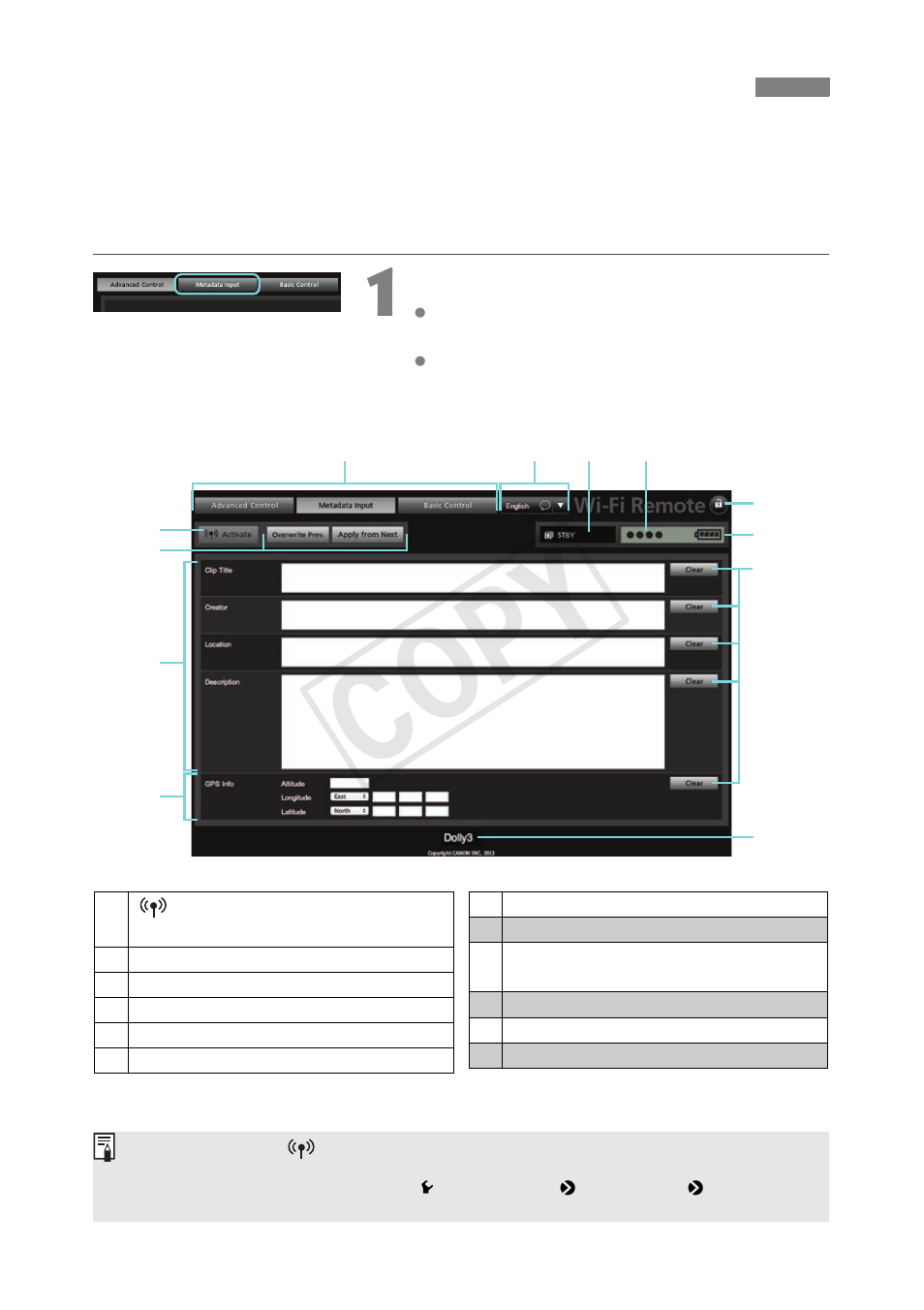 Wi-fi remote: [metadata input, Cop y | Canon EOS C300 User Manual | Page 32 / 44