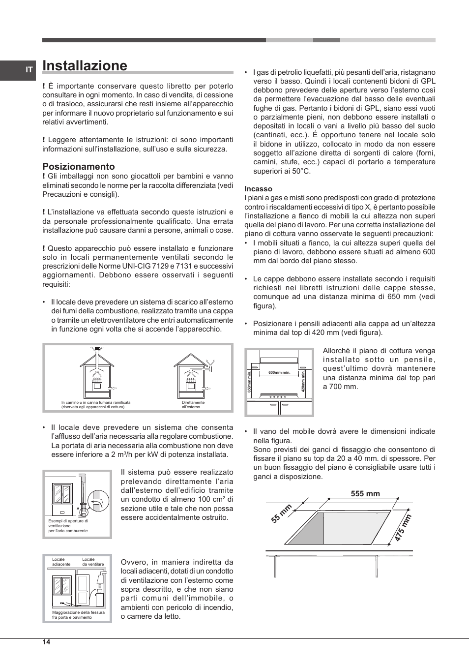 Installazione, Posizionamento | Hotpoint Ariston PC 640 T (AN) R-HA  EU User Manual | Page 14 / 88