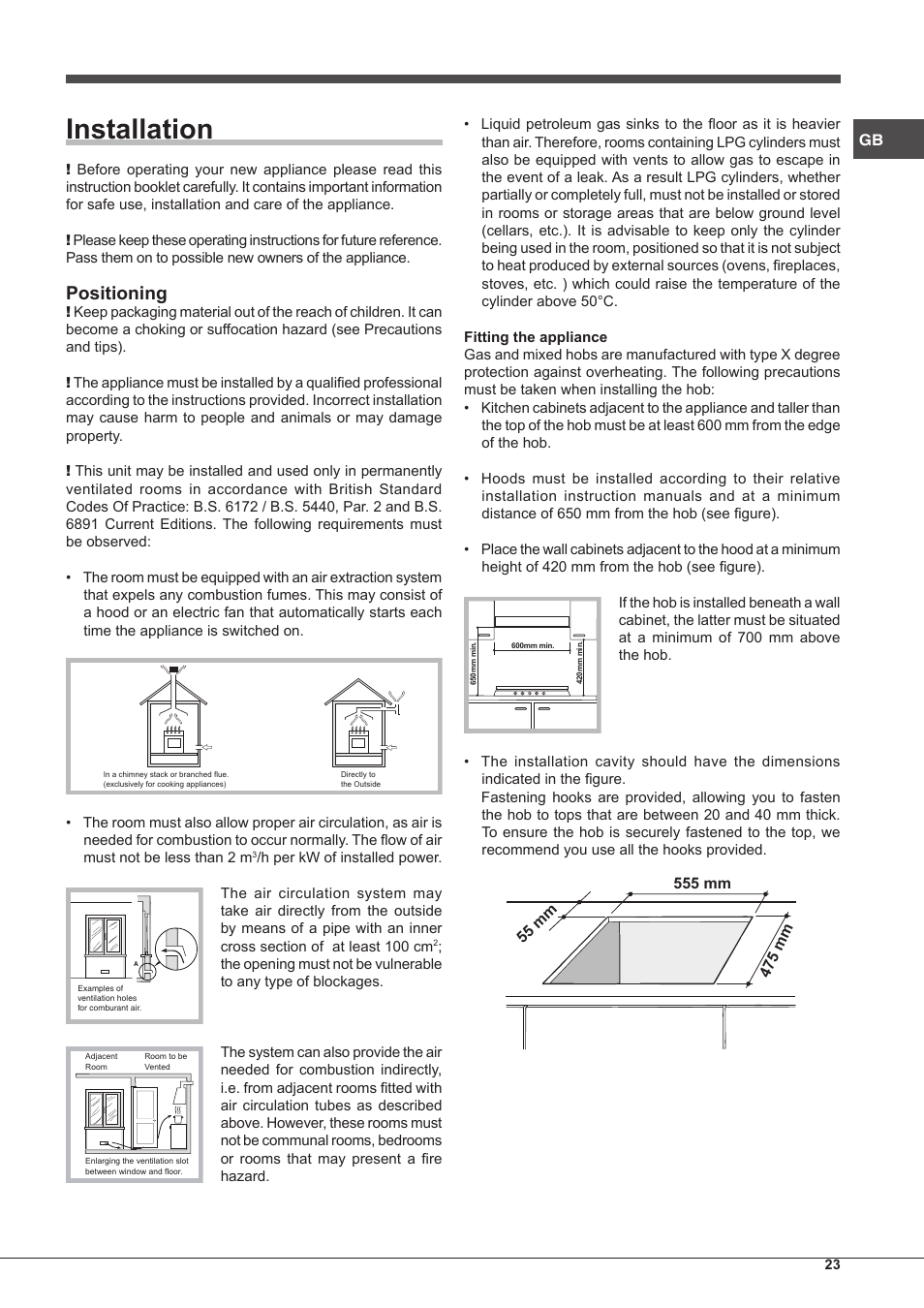 Installation, Positioning | Hotpoint Ariston PC 640 T (AN) R-HA  EU User Manual | Page 23 / 88