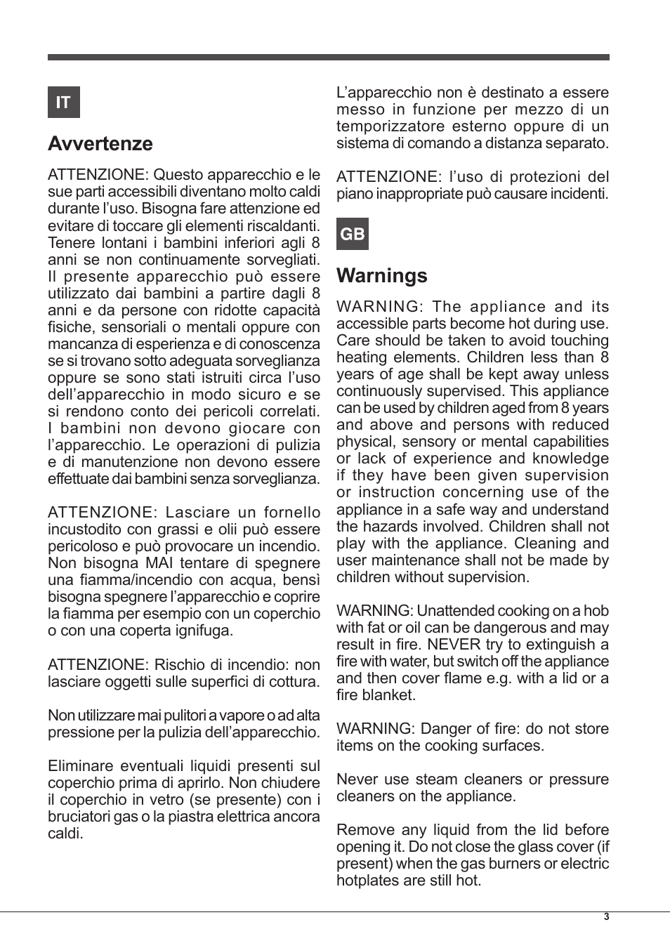 Avvertenze, Warnings | Hotpoint Ariston PC 640 T (AN) R-HA  EU User Manual | Page 3 / 88
