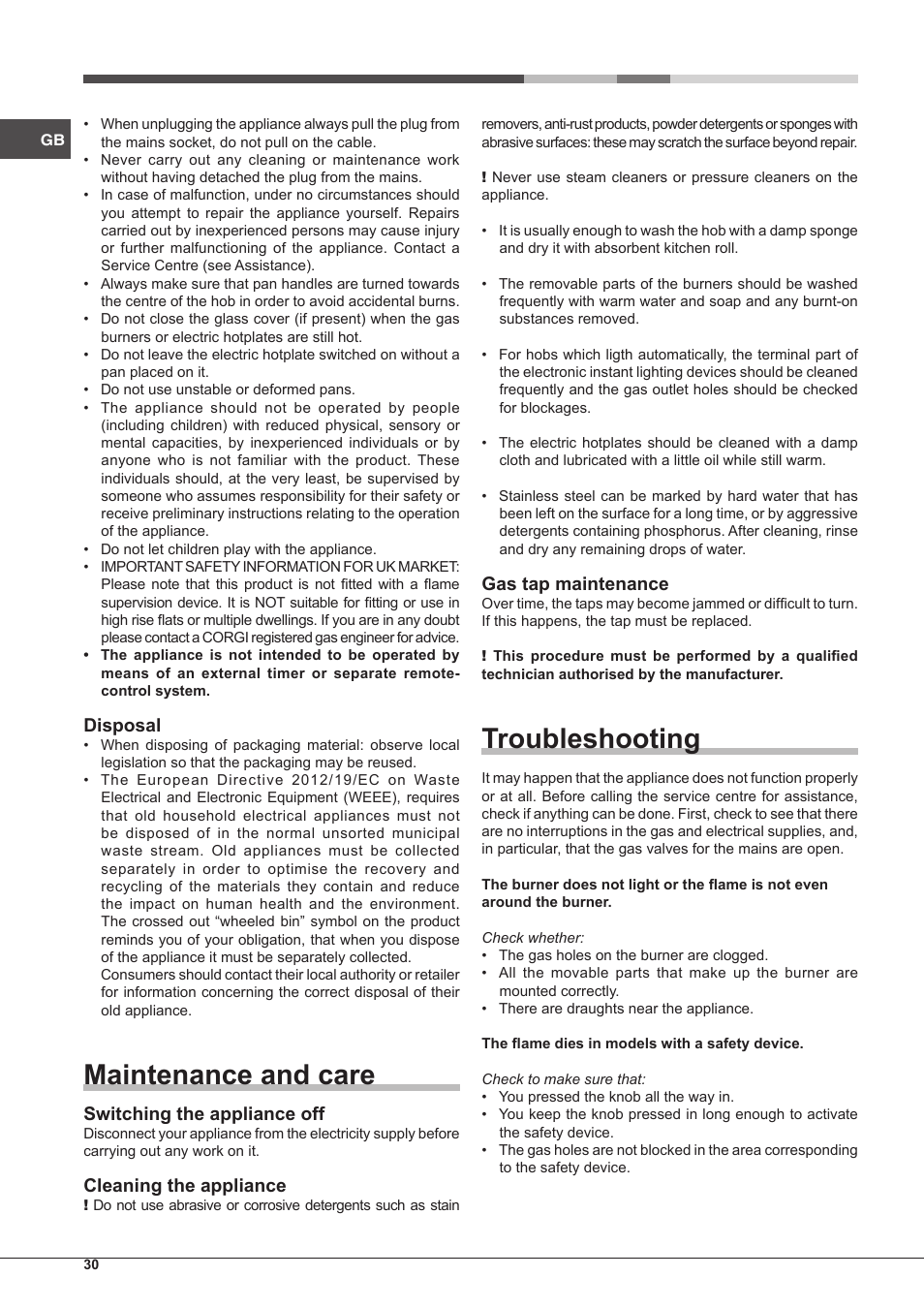 Maintenance and care, Troubleshooting, Disposal | Switching the appliance off, Cleaning the appliance, Gas tap maintenance | Hotpoint Ariston PC 640 T (AN) R-HA  EU User Manual | Page 30 / 88