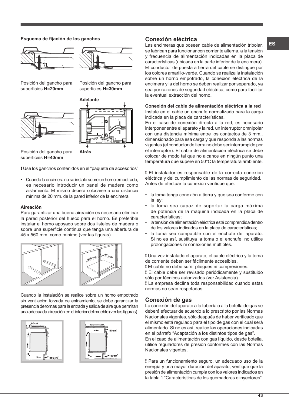 Conexión eléctrica, Conexión de gas | Hotpoint Ariston PC 640 T (AN) R-HA  EU User Manual | Page 43 / 88