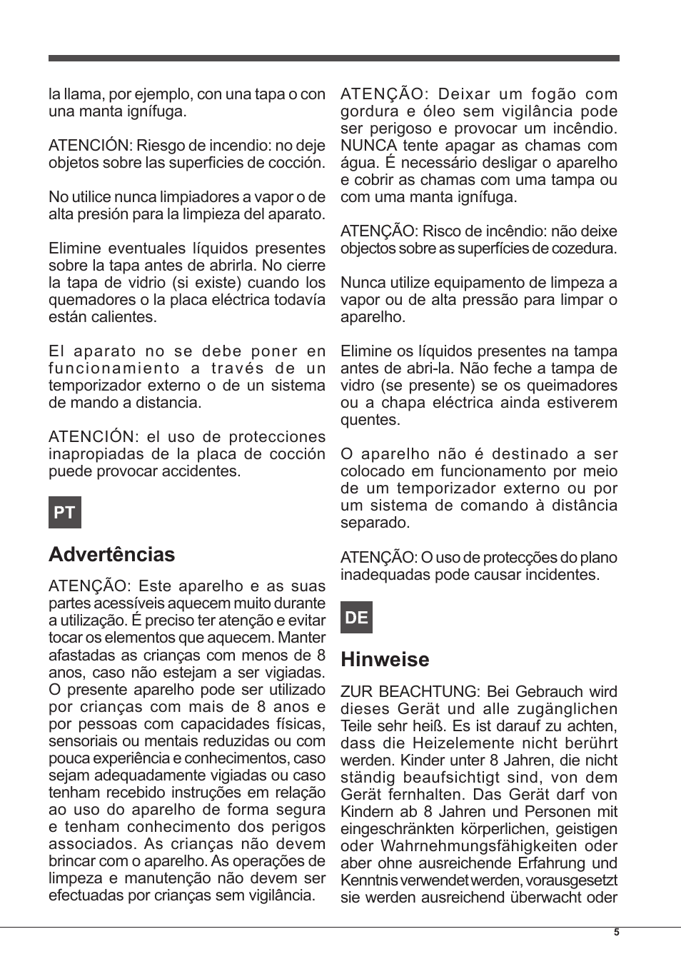 Advertências, Hinweise | Hotpoint Ariston PC 640 T (AN) R-HA  EU User Manual | Page 5 / 88
