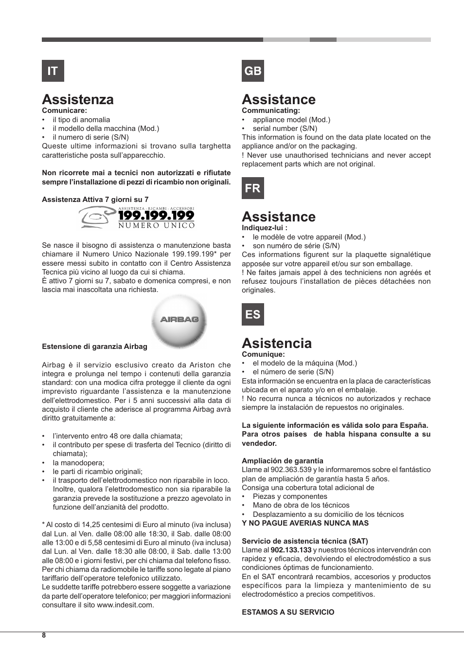 Assistenza, Assistance, Asistencia | Hotpoint Ariston PC 640 T (AN) R-HA  EU User Manual | Page 8 / 88