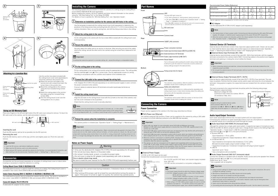 Part names, Installing the camera, Connecting the camera | Accessories | Canon VB-H41 User Manual | Page 2 / 2