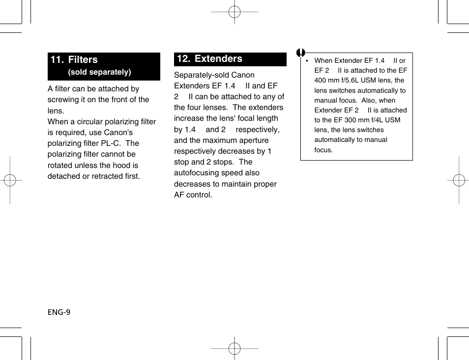 Filters (sold separately), Extenders, Filters | Canon EF 200mm f2.8L II USM User Manual | Page 10 / 12