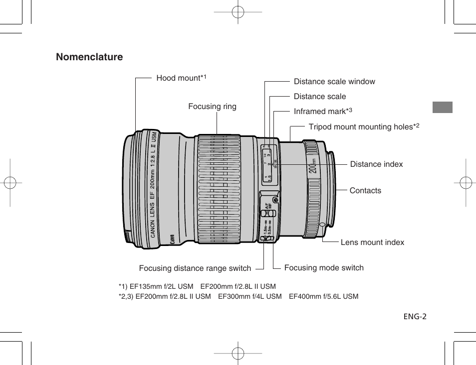 Nomenclature, Eng-2, Hood mount | Distance scale window distance scale inframed mark, Tripod mount mounting holes | Canon EF 200mm f2.8L II USM User Manual | Page 3 / 12