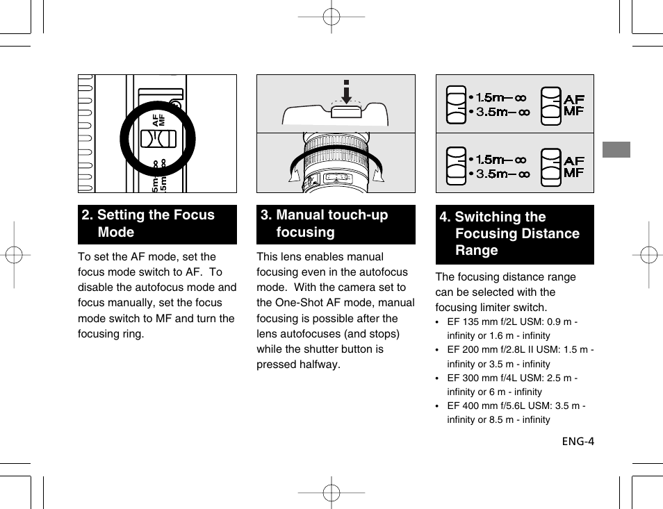 Setting the focus mode, Manual touch-up focusing, Switching the focusing distance range | Setting the focus mode 3. manual touch-up focusing, Eng-4 | Canon EF 200mm f2.8L II USM User Manual | Page 5 / 12