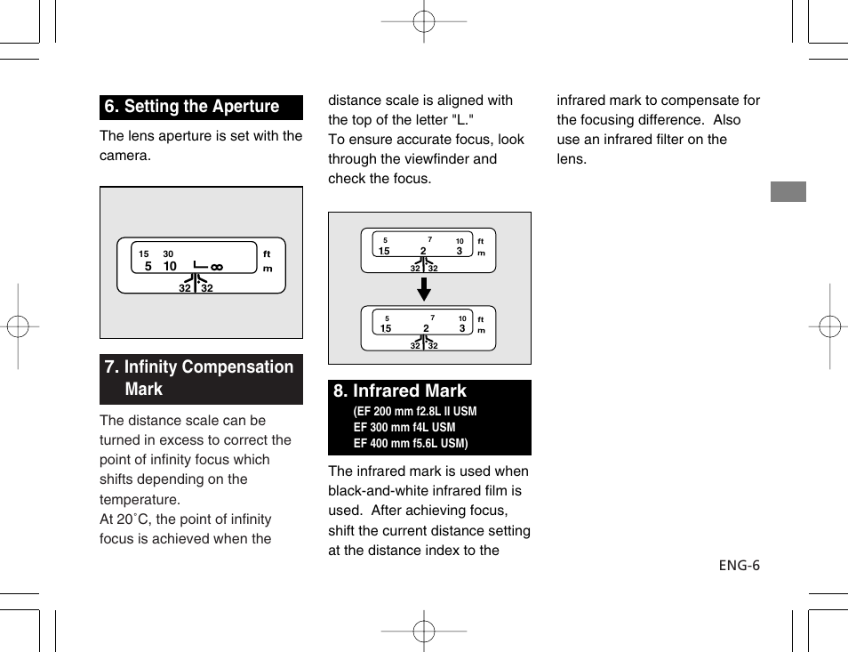 Setting the aperture, Infinity compensation mark, Infrared mark | Infinity compensation mark 8. infrared mark | Canon EF 200mm f2.8L II USM User Manual | Page 7 / 12