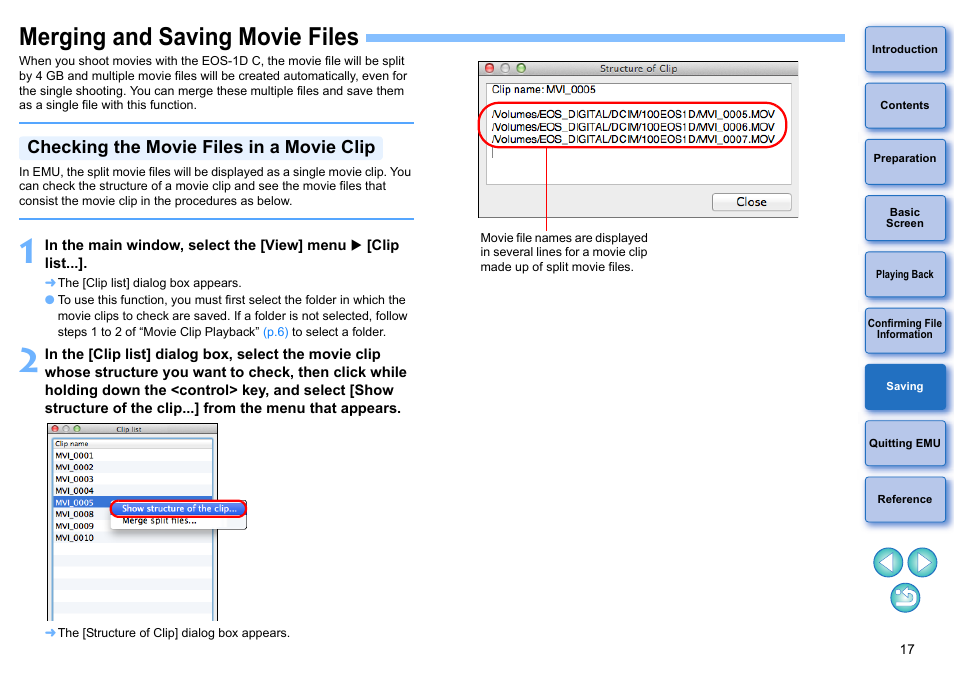 Merging and saving movie files, Checking the movie files in a movie clip | Canon EOS-1D C User Manual | Page 17 / 25