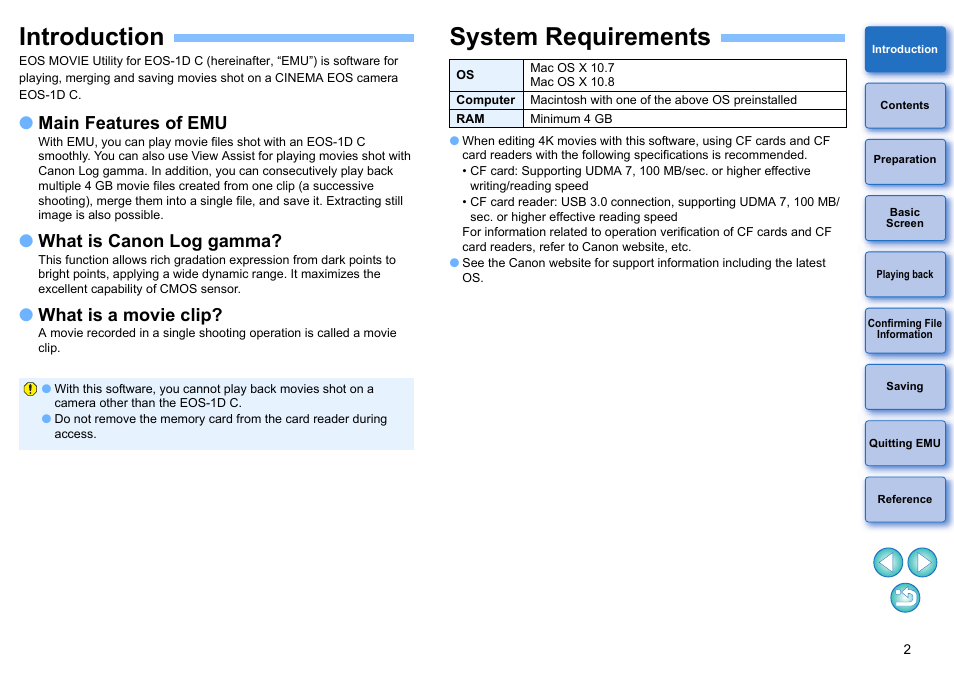 Introduction, System requirements, Main features of emu | What is canon log gamma, What is a movie clip | Canon EOS-1D C User Manual | Page 2 / 25