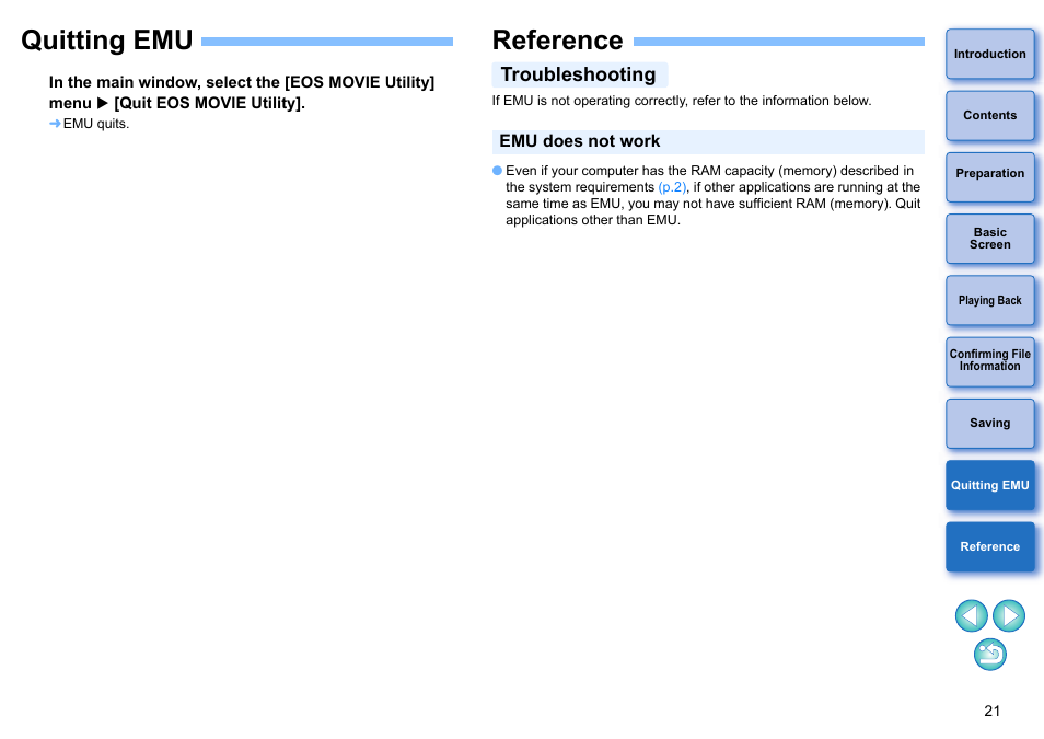 Quitting emu, Reference, Troubleshooting | Canon EOS-1D C User Manual | Page 21 / 25