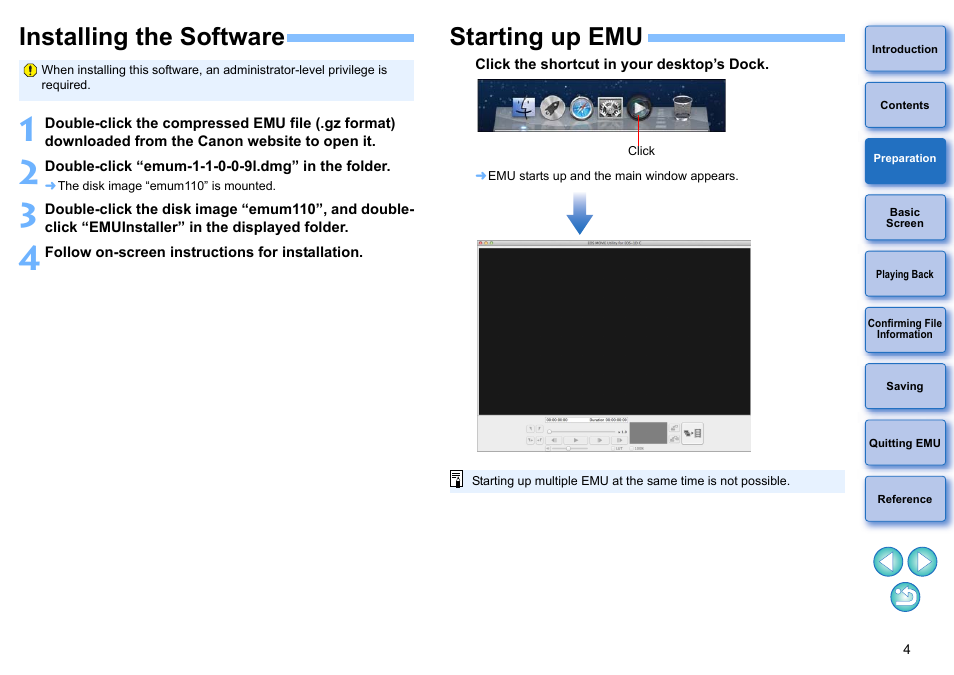Installing the software, Starting up emu, Preparation | Canon EOS-1D C User Manual | Page 4 / 25